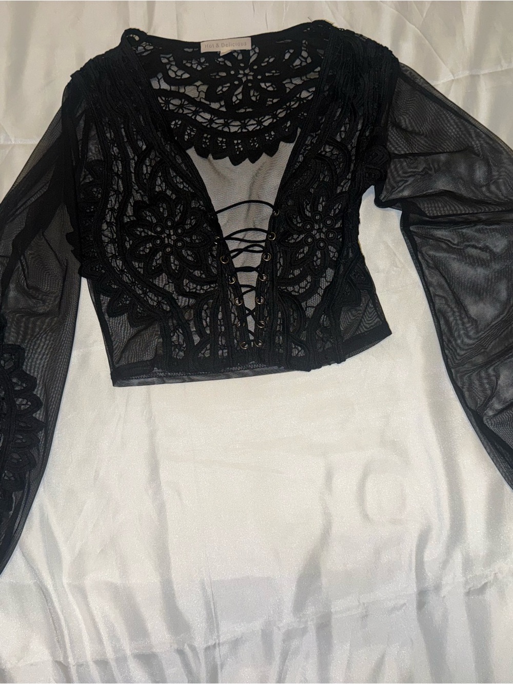 Hot & Delicious Black Lace-Up Crochet Mesh Top ✨